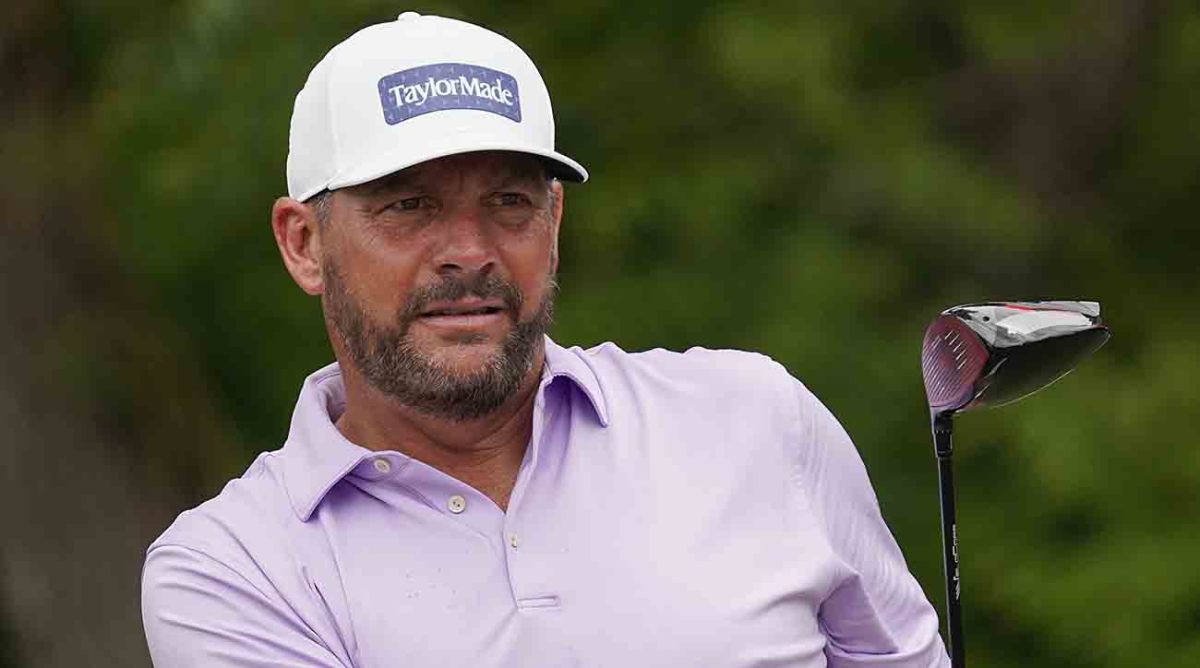 Michael Block watches his shot from the sixth tee during the first round of the 2023 Charles Schwab Challenge.